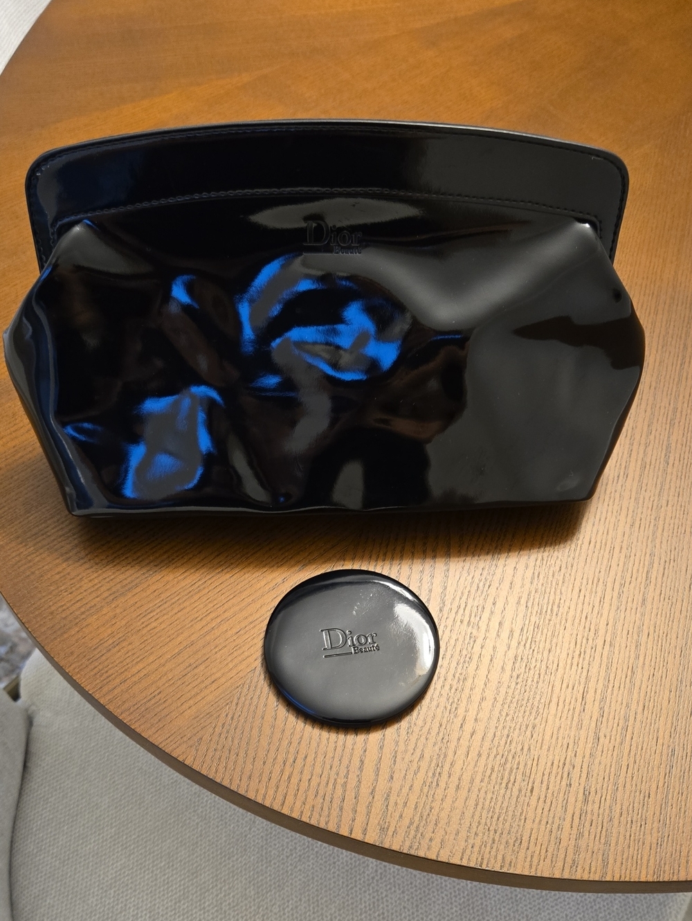 Vintage Christian Dior Glossy Black Patent Clutch Pouch & Matching DIOR Mirror